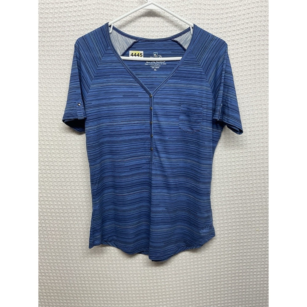 KUHL Women's Bella Short Sleeve Organic Cotton Tencel Shirt XL Cobalt Blue Strip